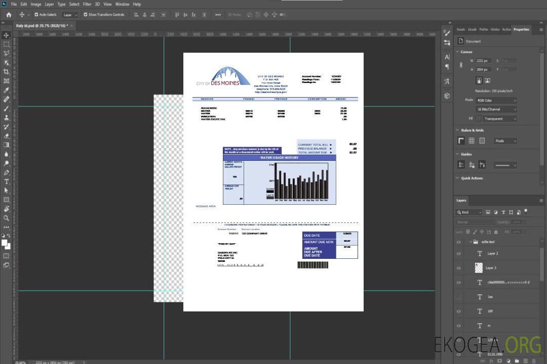 Modèle de facture de services publics de l'eau des États-Unis, Iowa, ville de Des Moines, aux formats Word et PDF template